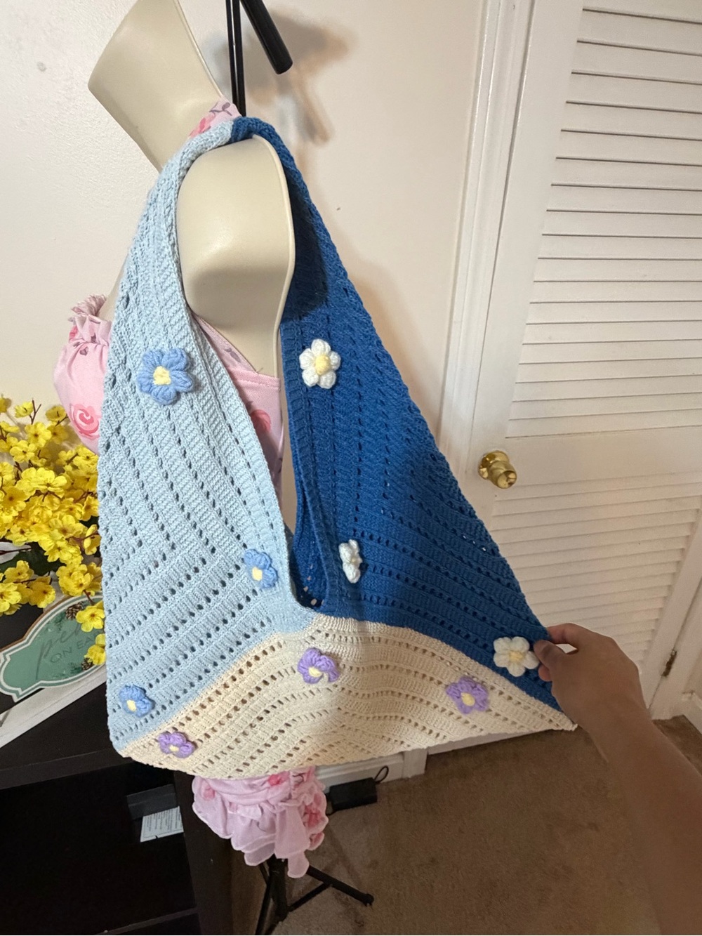 Handmade Blue, Light Blue & Cream Crochet Flower Tote Bag size L